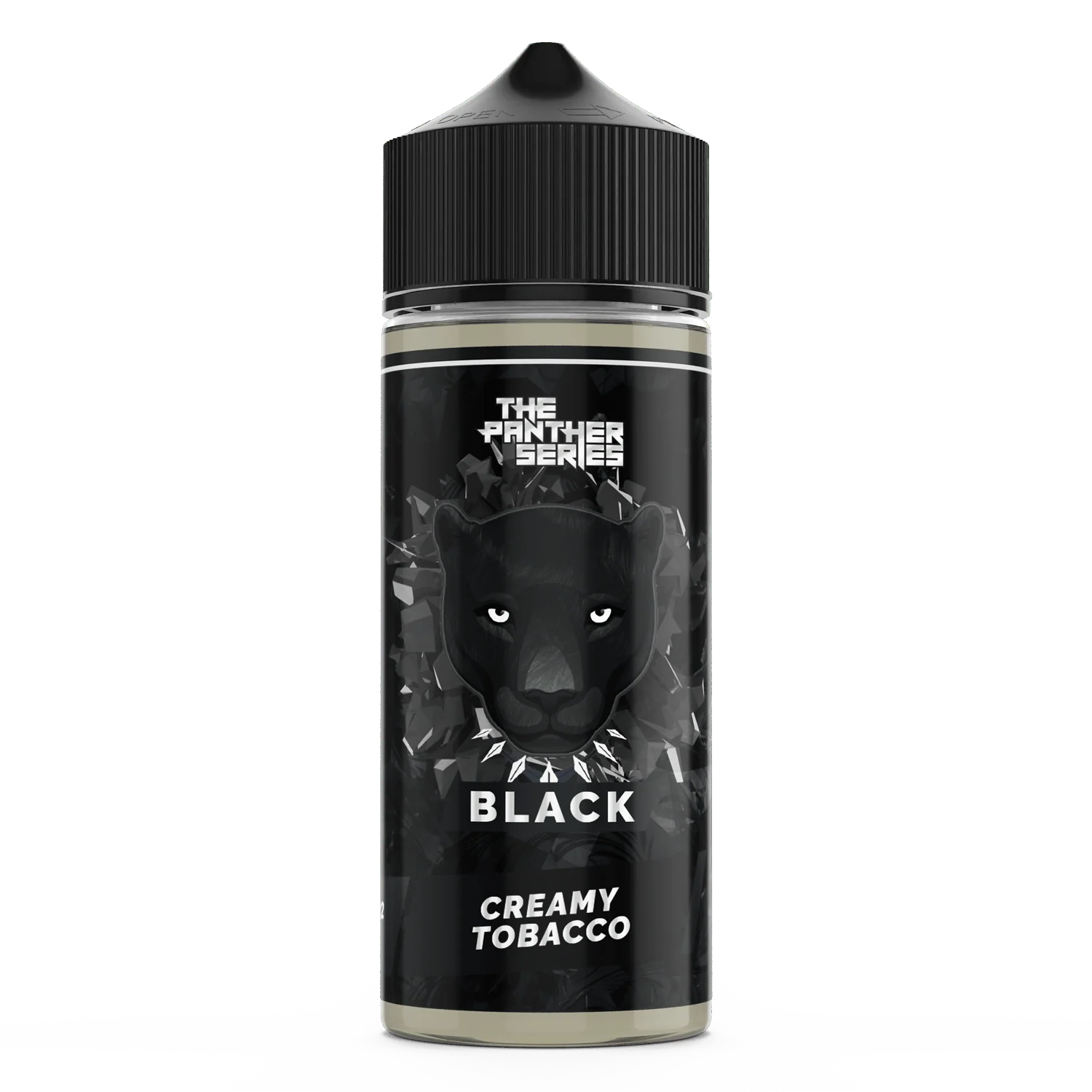 Black 100ml MTL e-liquid by THE PANTHER SERIES, featuring dark color and 12mg nicotine strength in a sleek bottle.