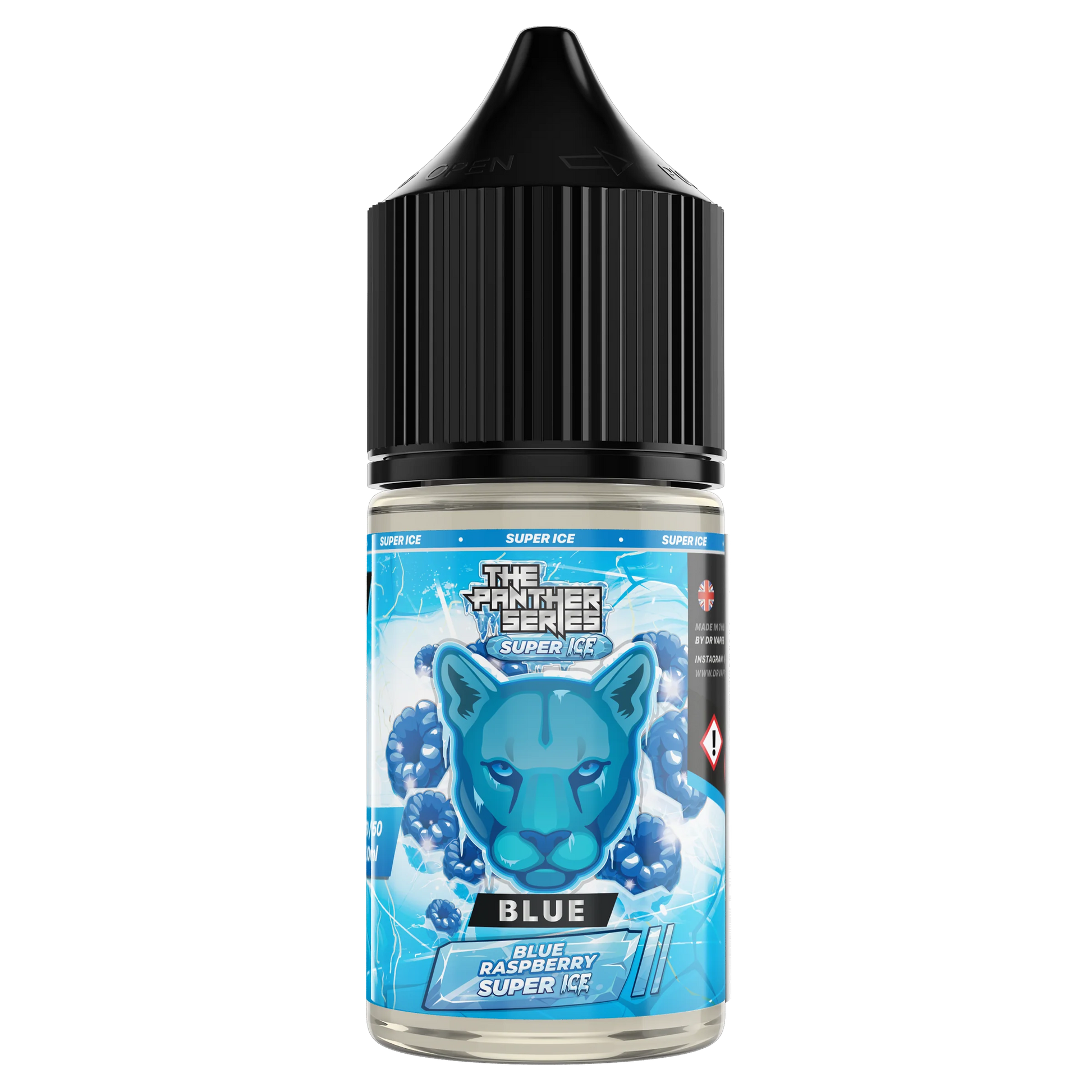 Blue Super Ice 30ml salt nicotine e-liquid by The Panther Series, featuring a blue-themed bottle and label design