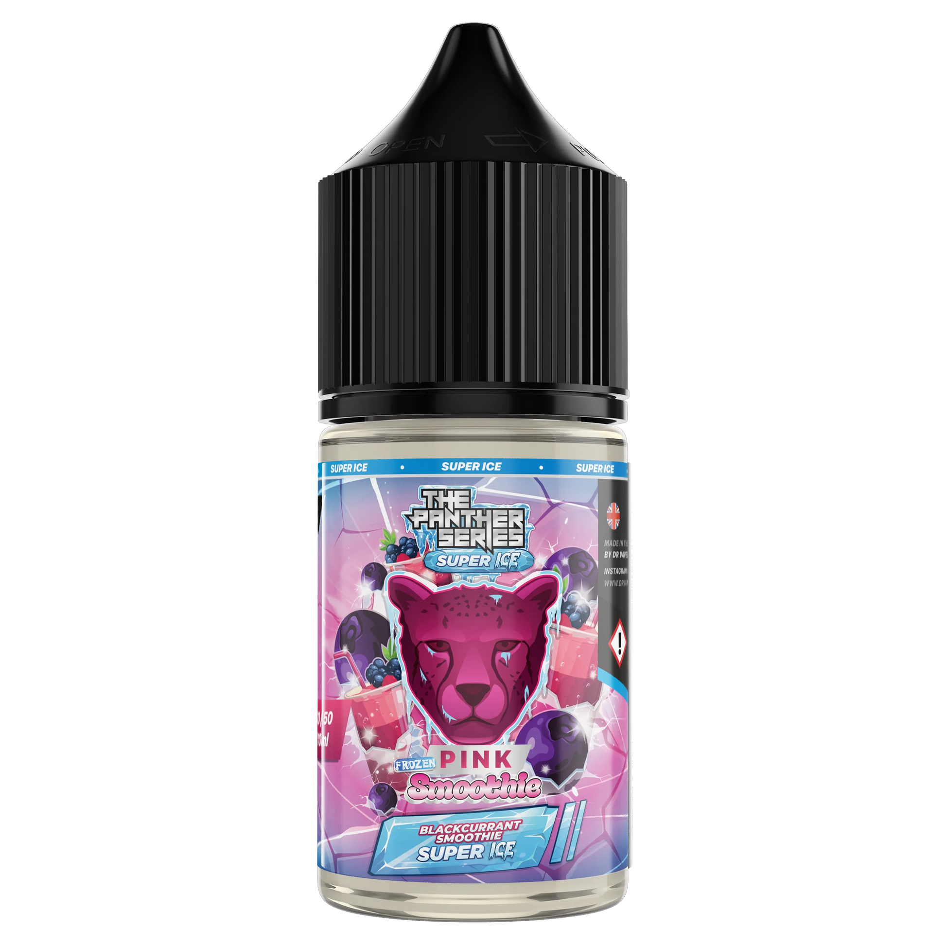 Pink Frozen Smoothie Super Ice e-liquid by THE PANTHER SERIES in 30ml salt nicotine bottle, featuring vibrant pink and icy flavor details.
