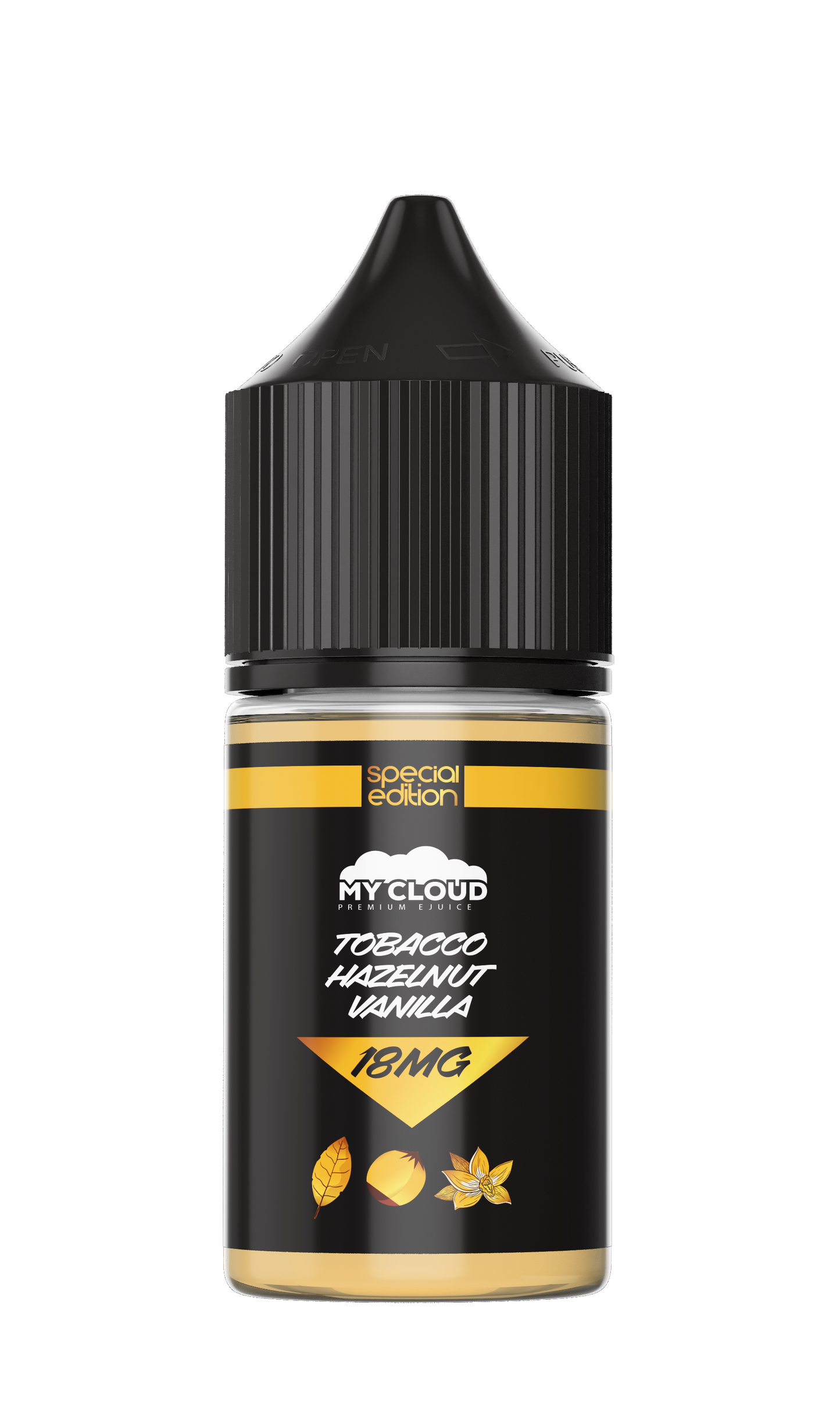 Black and yellow vape juice bottle with 'My Cloud' branding on a white background