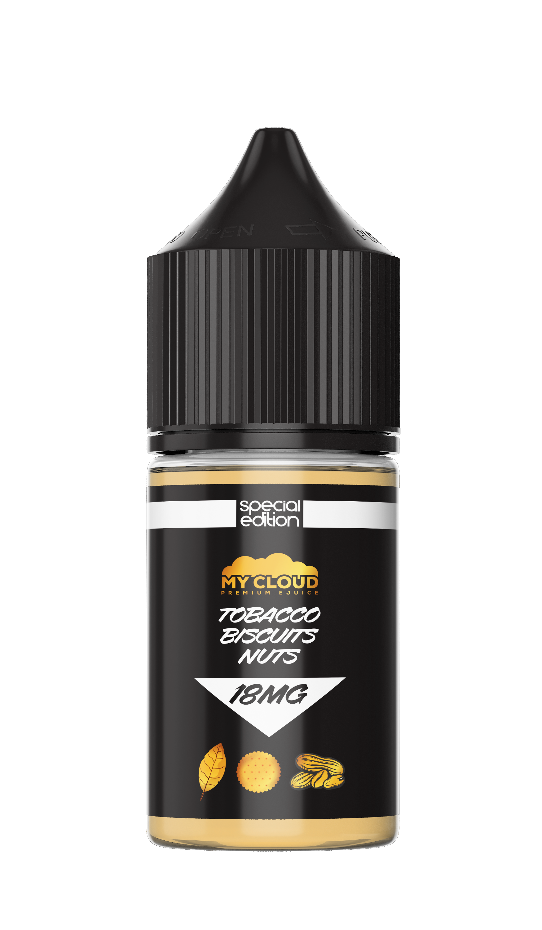 Black and gold bottle of My Cloud special edition tobacco cookies and nuts flavor on a white background