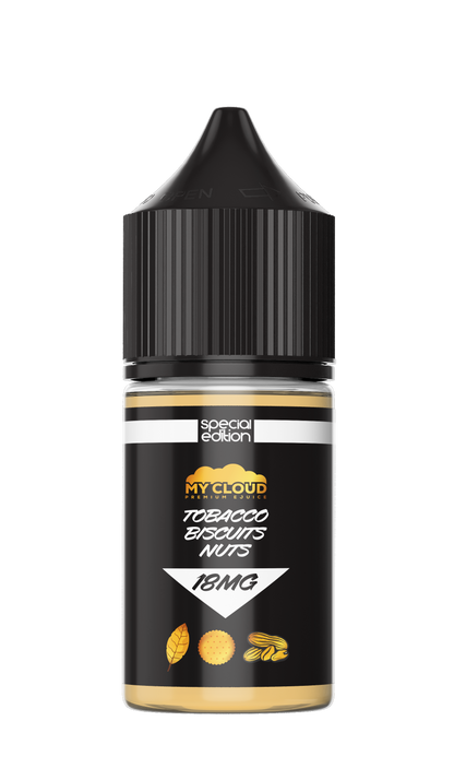 Black and gold bottle of My Cloud special edition tobacco cookies and nuts flavor on a white background
