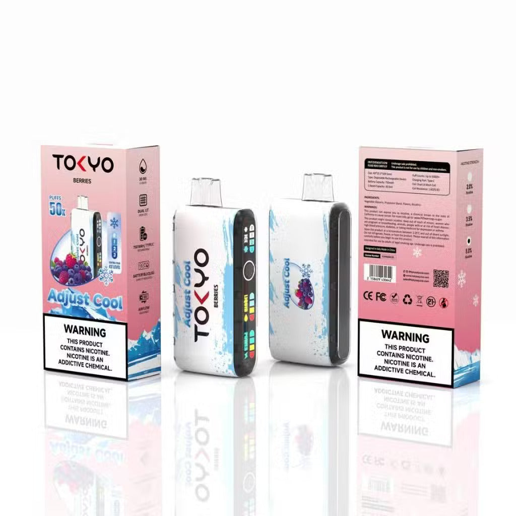 TOKYO ADJUST COOL 50K Disposable Vape with Berries flavor, showing the sleek device with berry-themed design and branding.