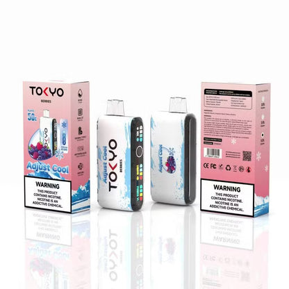 TOKYO ADJUST COOL 50K Disposable Vape with Berries flavor, showing the sleek device with berry-themed design and branding.