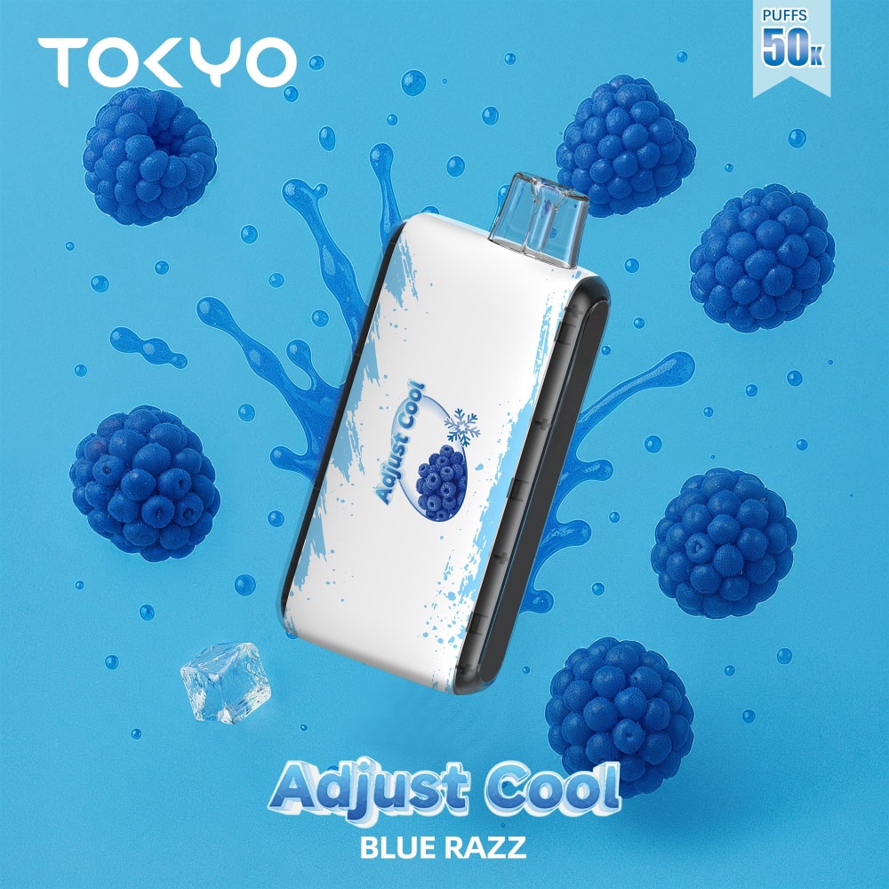 TOKYO ADJUST COOL 50K Disposable Vape with Blue Razz flavor, 50,000 puffs, 50mg salt nicotine, compact and easy to use.