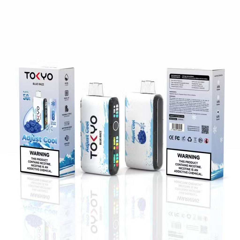 TOKYO Adjust Cool 50K Puffs disposable vape in Blue Razz flavor, 50mg salt nicotine, showing the sleek blue device.