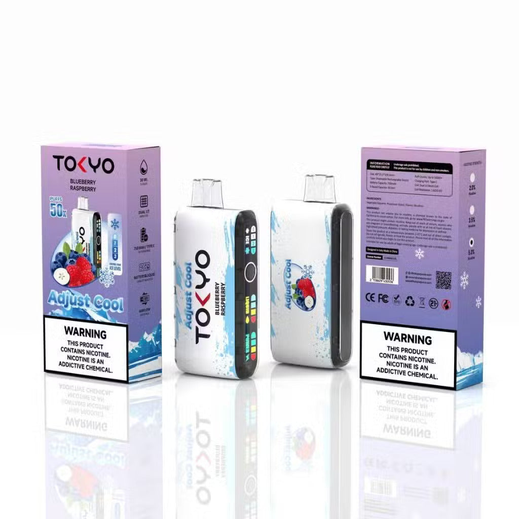 TOKYO ADJUST COOL 50K disposable vape with Blueberry Raspberry flavor, showing the sleek device with flavor branding.