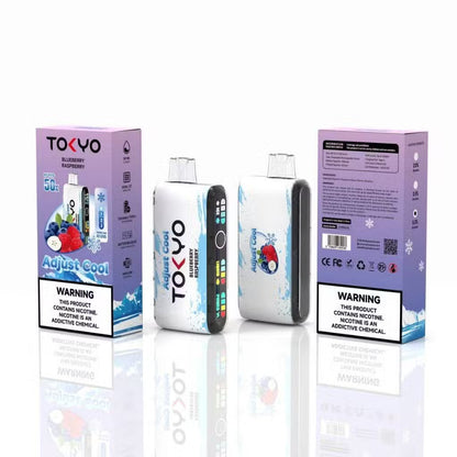 TOKYO ADJUST COOL 50K disposable vape with Blueberry Raspberry flavor, showing the sleek device with flavor branding.