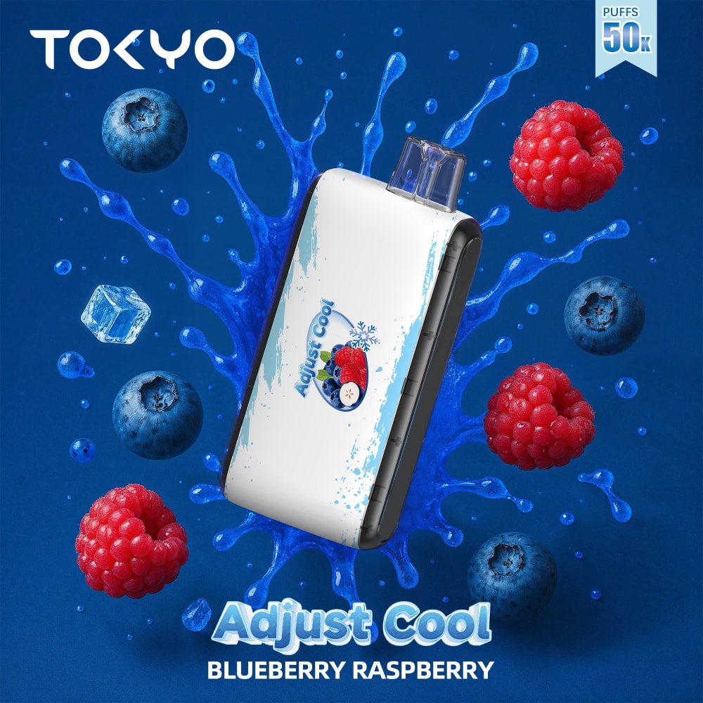 TOKYO ADJUST COOL 50K disposable vape with Blueberry Raspberry flavor, featuring a sleek design and visible flavor details.