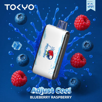 TOKYO ADJUST COOL 50K disposable vape with Blueberry Raspberry flavor, featuring a sleek design and visible flavor details.