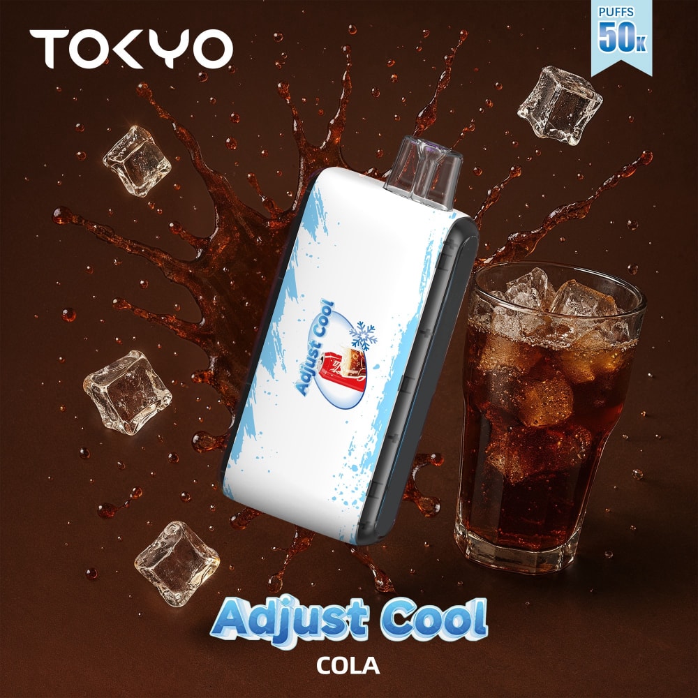 TOKYO ADJUST COOL 50K Disposable Vape with Cola flavor, 50mg salt nicotine, showcasing the sleek device and flavor label.