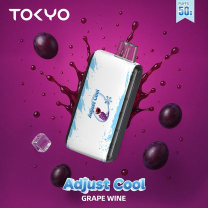TOKYO ADJUST COOL 50K Puffs disposable vape in Grape Wine flavor with nicotine salt, featuring colorful packaging and sleek design