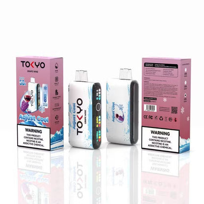 TOKYO ADJUST COOL 50K disposable vape with grape wine flavor, featuring colorful packaging and sleek design for 50,000 puffs.