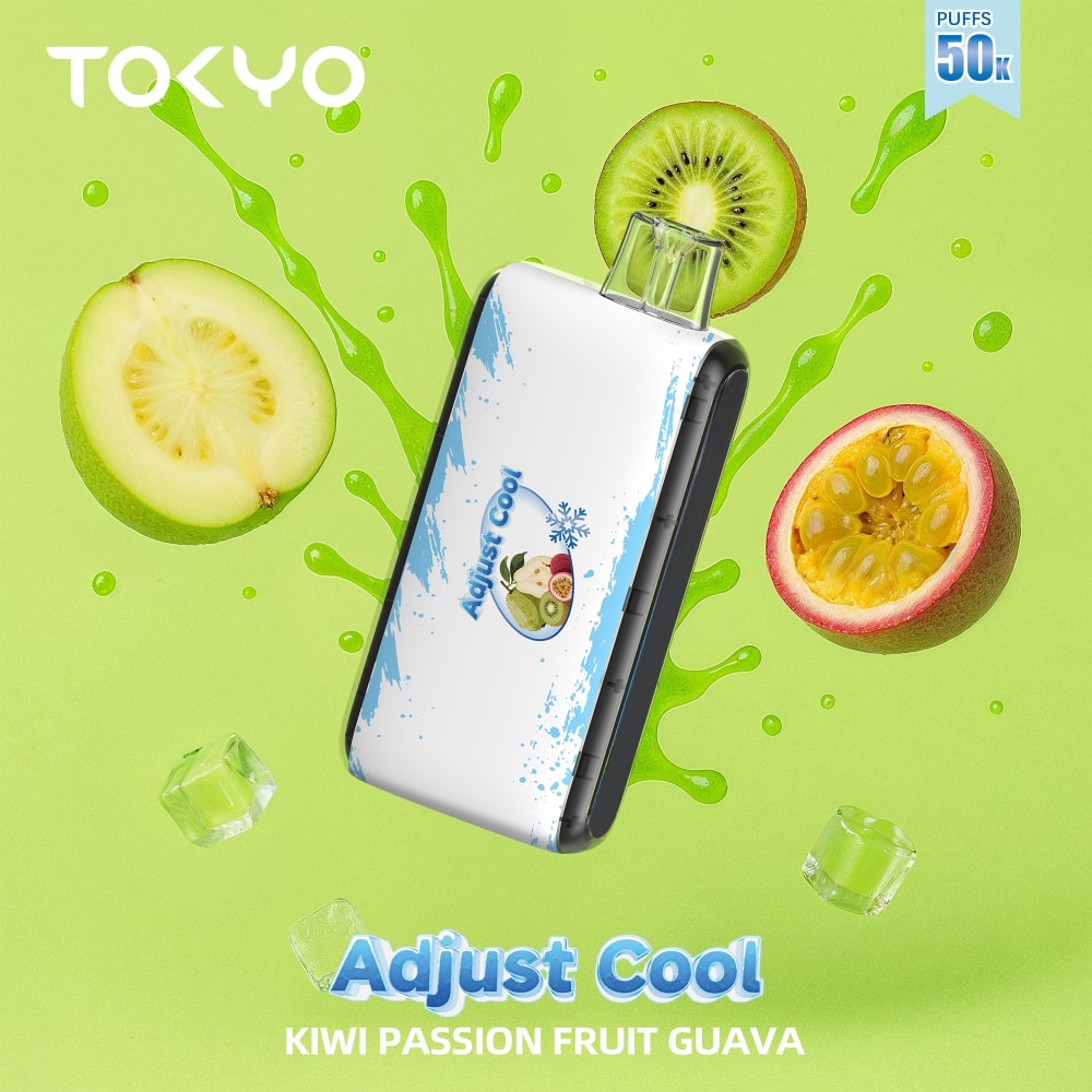Disposable TOKYO ADJUST COOL 50K Puffs vape device in Kiwi Passion Fruit Guava flavor, featuring vibrant fruit illustrations.