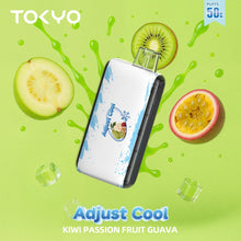 Disposable TOKYO ADJUST COOL 50K Puffs vape device in Kiwi Passion Fruit Guava flavor, featuring vibrant fruit illustrations.