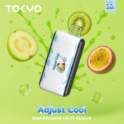 Disposable TOKYO ADJUST COOL 50K Puffs vape device in Kiwi Passion Fruit Guava flavor, featuring vibrant fruit illustrations.