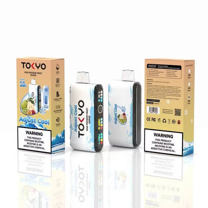 TOKYO Adjust Cool 50K Puffs disposable vape with kiwi, passion fruit, and guava flavor in a sleek design.