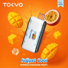 TOKYO ADJUST COOL 50K Puffs disposable vape in Mango Passion Fruit flavor with salt nicotine, featuring vibrant fruit imagery