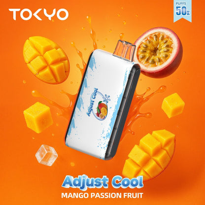 TOKYO ADJUST COOL 50K Puffs disposable vape in Mango Passion Fruit flavor with salt nicotine, featuring vibrant fruit imagery