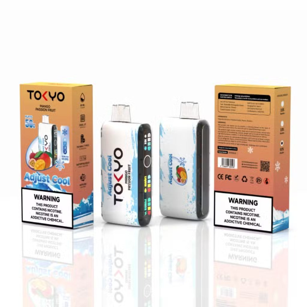 TOKYO ADJUST COOL 50K disposable vape with Mango Passion Fruit flavor, showing the sleek device with colorful mango and passion fruit illustration.