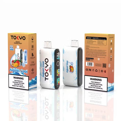 TOKYO ADJUST COOL 50K disposable vape with Mango Passion Fruit flavor, showing the sleek device with colorful mango and passion fruit illustration.