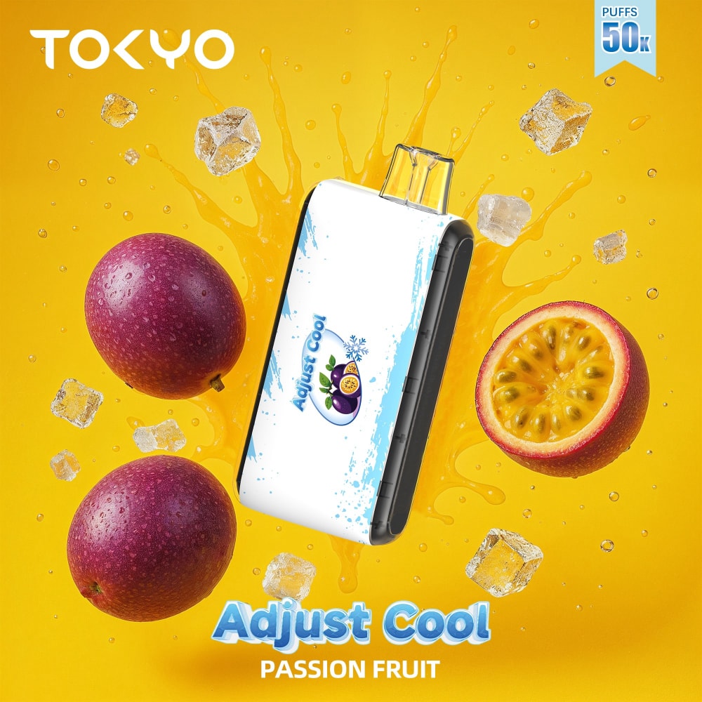 TOKYO ADJUST COOL 50K disposable vape with Passion Fruit flavor, 50,000 puffs, 50mg salt nicotine, compact and portable design.