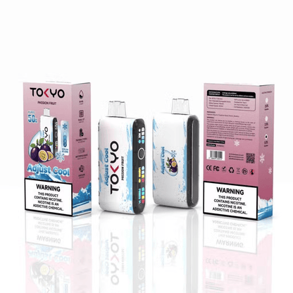 TOKYO ADJUST COOL 50K disposable vape with Passion Fruit flavor, offering 50,000 puffs and 50mg salt nicotine.
