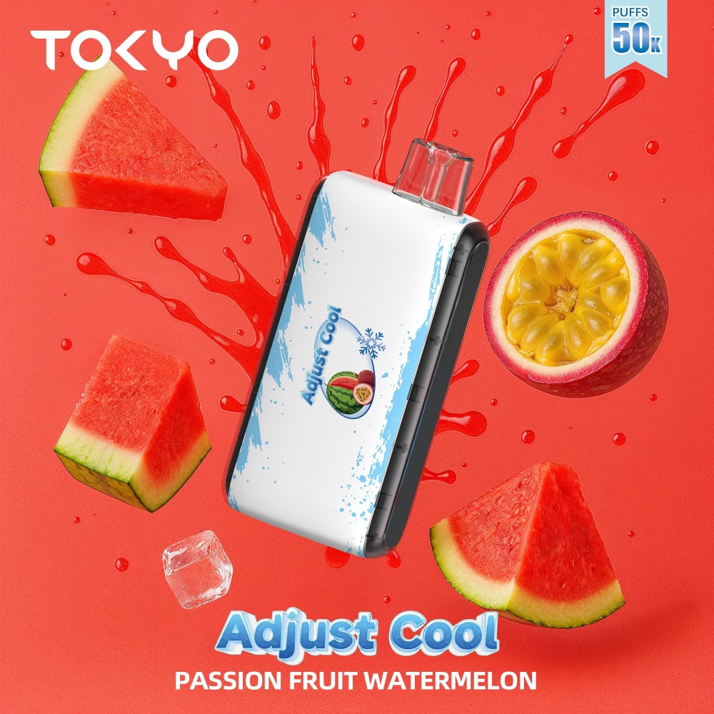 TOKYO Adjust Cool 50K Puffs disposable vape in Passion Fruit Watermelon flavor, featuring colorful fruit design and sleek branding