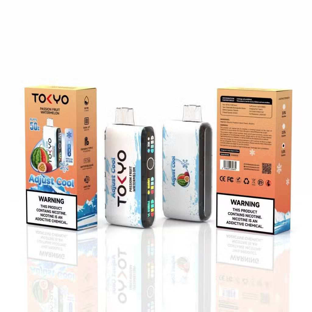 TOKYO ADJUST COOL 50K Puffs disposable vape with Passion Fruit Watermelon flavor, featuring sleek design and 50mg salt nicotine.