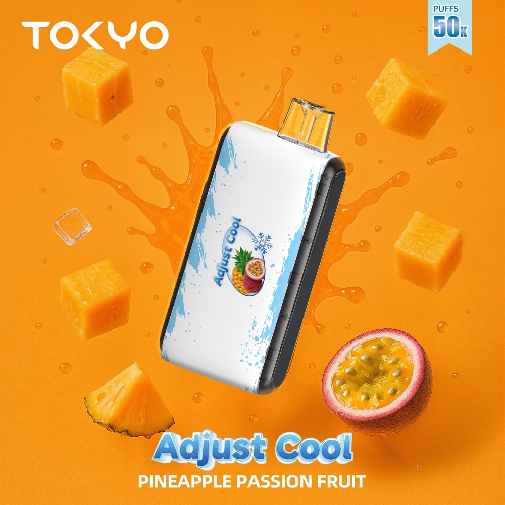 TOKYO ADJUST COOL 50K disposable vape with Pineapple Passion Fruit flavor, featuring vibrant packaging and the device’s sleek design