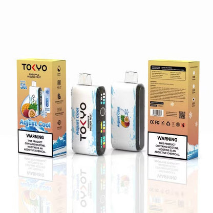 TOKYO ADJUST COOL 50K disposable vape with Pineapple Passion Fruit flavor, showing the sleek device with colorful branding.