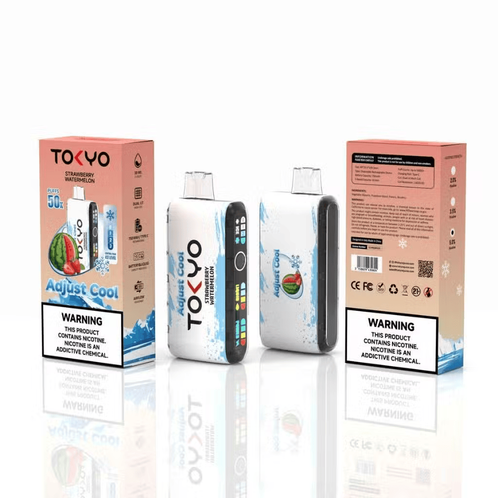 TOKYO Adjust Cool 50K Puffs disposable vape with strawberry watermelon flavor, 50mg salt nicotine, sleek and portable design