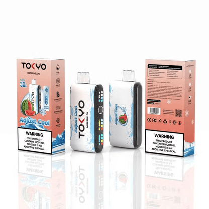 TOKYO ADJUST COOL 50K disposable vape with Watermelon flavor, offering 50,000 puffs and 50mg salt nicotine.