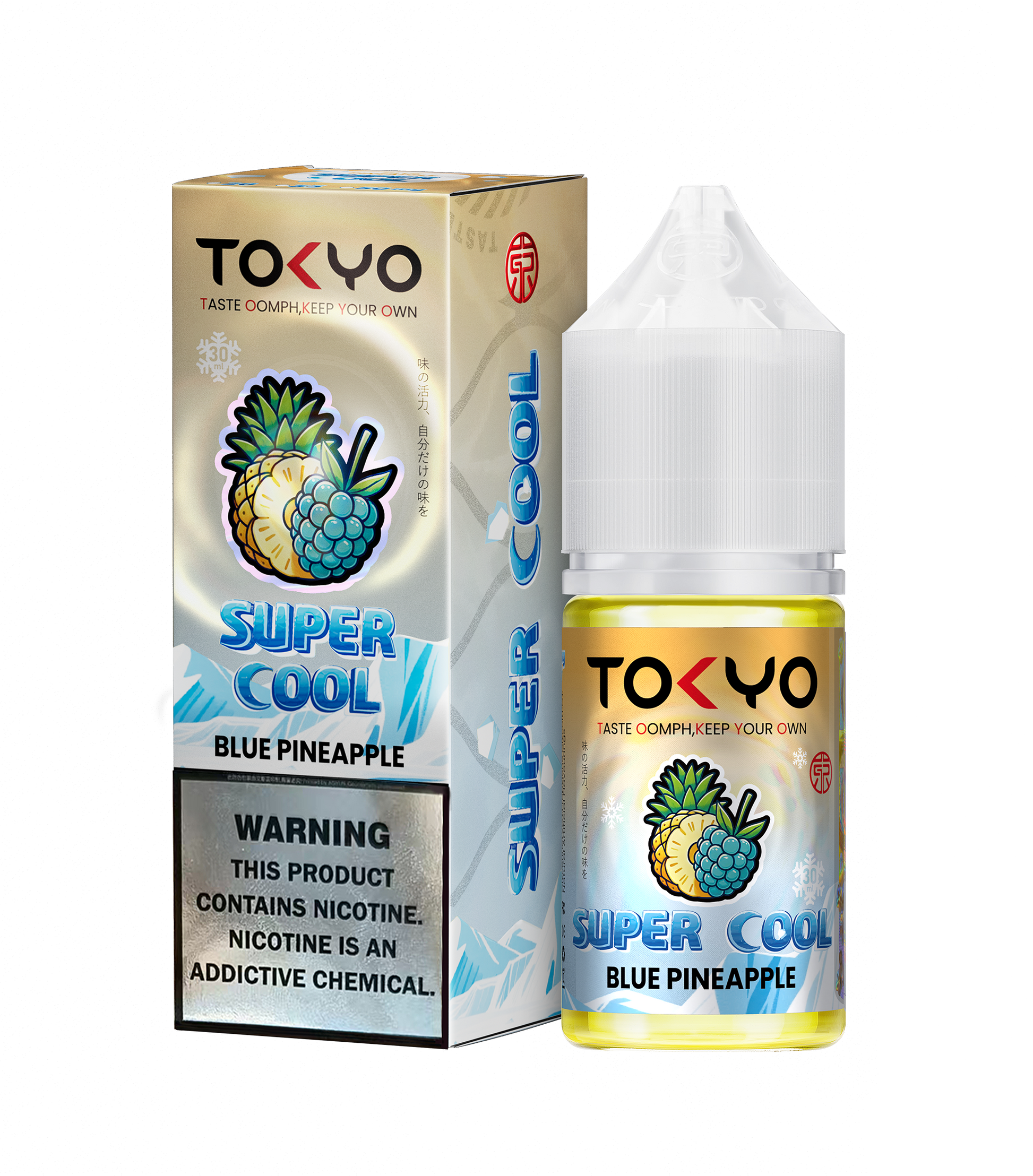 TOKYO Super Cool Blue Pineapple 30ml salt e-liquid bottle with blue pineapple flavor and salt nicotine for vaping.