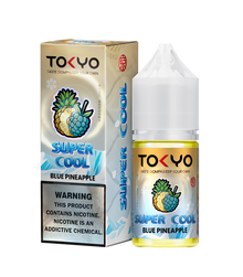 TOKYO E-JUICE Super Cool Blue Pineapple 30ml salt e-liquid bottle with vibrant blue pineapple flavor and branding.