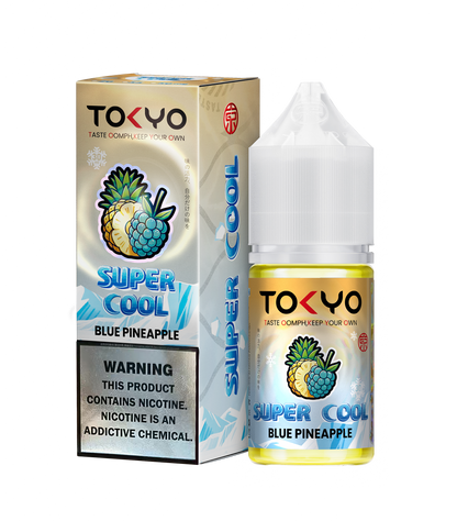 TOKYO E-JUICE Super Cool Blue Pineapple 30ml salt e-liquid bottle with vibrant blue pineapple flavor and branding.