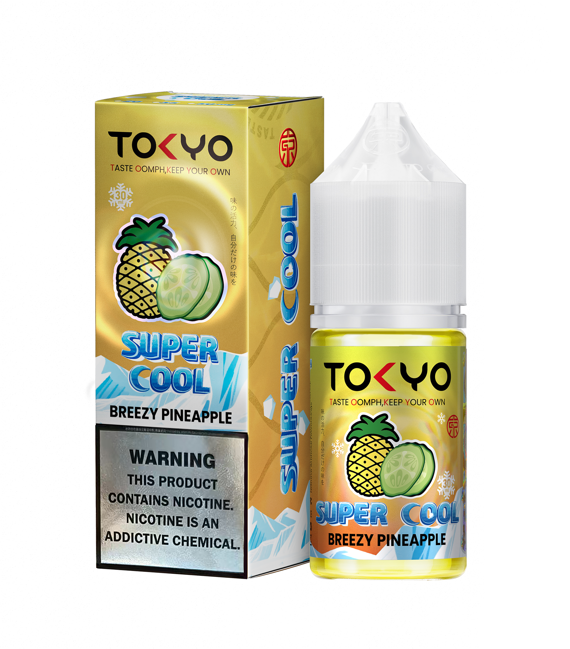 TOKYO Super Cool Breezy Pineapple 30ml Salt E-Liquid bottle with vibrant pineapple flavor and sleek packaging.