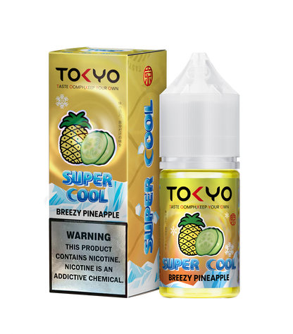 TOKYO E-JUICE Super Cool Breezy Pineapple 30ml salt e-liquid bottle with pineapple flavor and nicotine salt in clear packaging