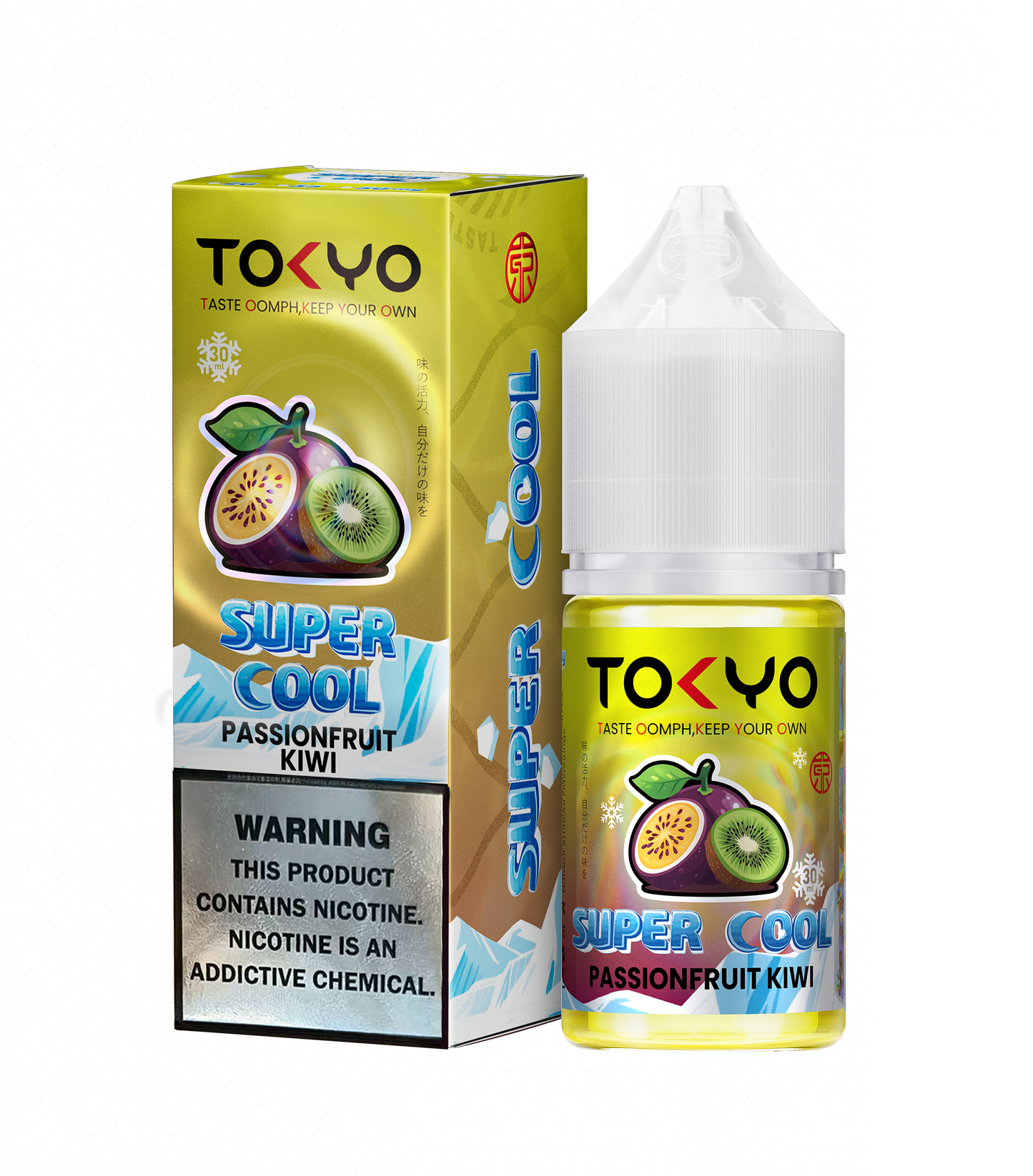 TOKYO Super Cool Passion Fruit Kiwi 30ml salt e-liquid bottle with colorful label featuring passion fruit and kiwi images.