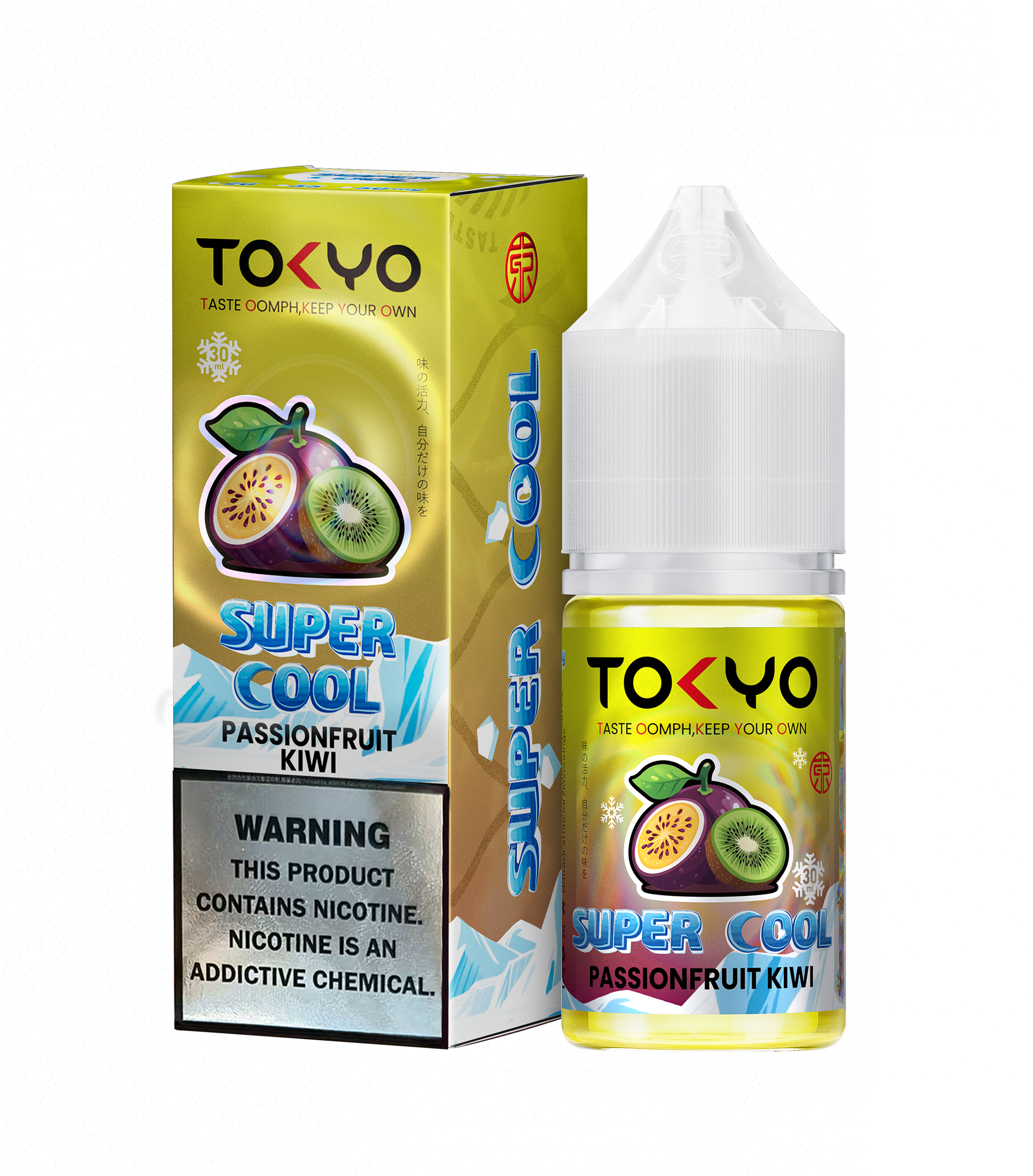 TOKYO Super Cool Passion Fruit Kiwi 30ml salt e-liquid bottle with colorful label featuring passion fruit and kiwi images.