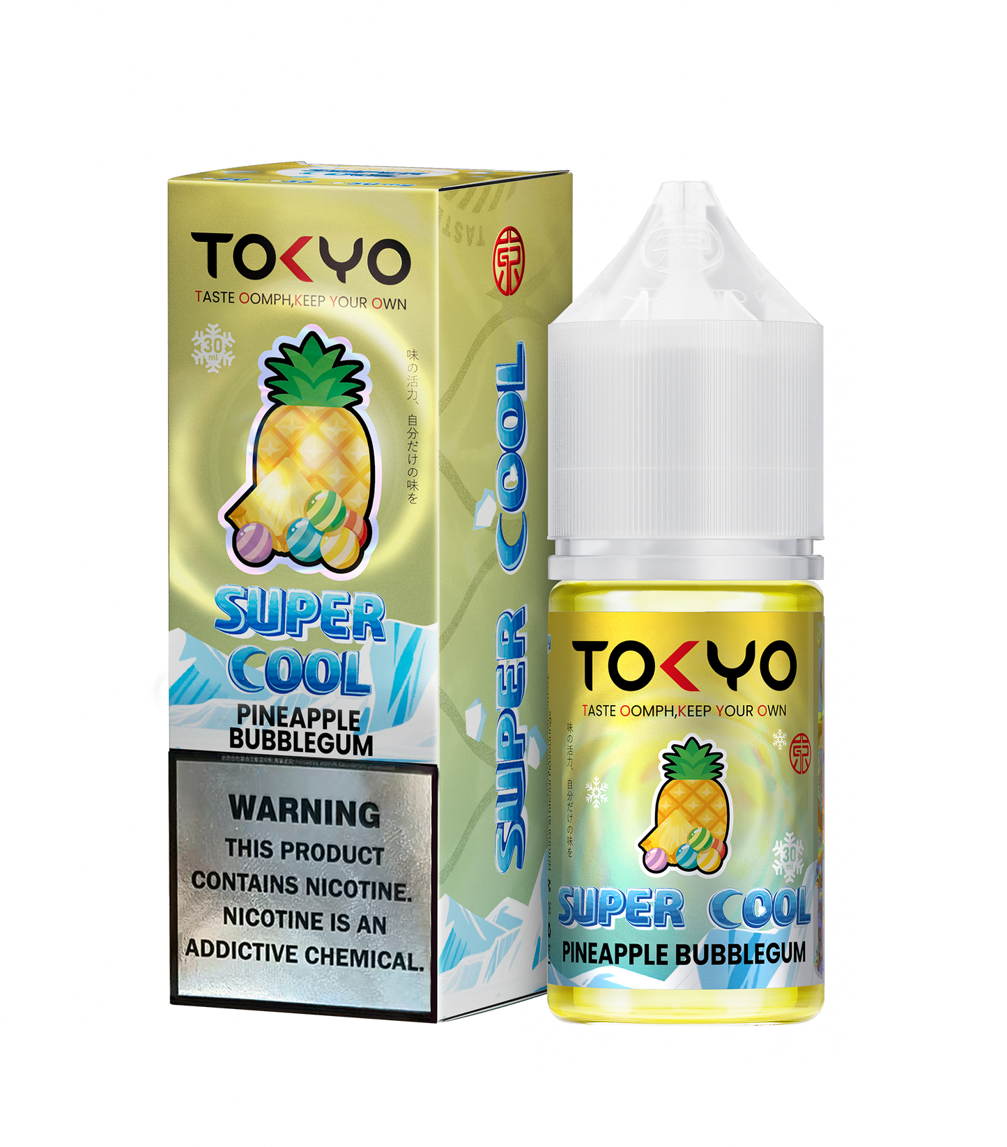 TOKYO Super Cool Pineapple Bubblegum salt e-liquid 30ml bottle showing colorful label with pineapple and bubblegum graphics