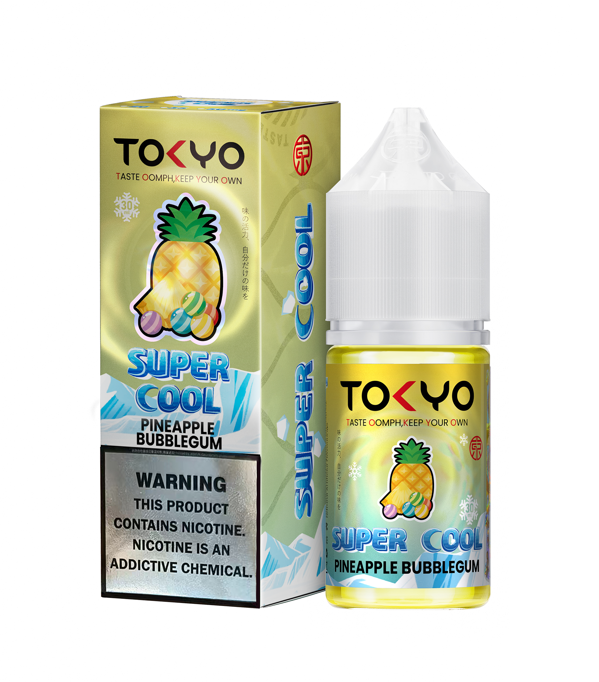 TOKYO Super Cool Pineapple Bubblegum salt e-liquid 30ml bottle showing colorful label with pineapple and bubblegum graphics