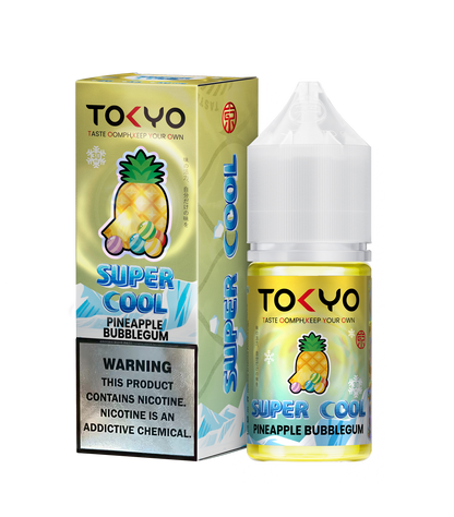 TOKYO E-JUICE Super Cool Pineapple Bubblegum Salt E-Liquid 30ml bottle with vibrant label and colorful design.