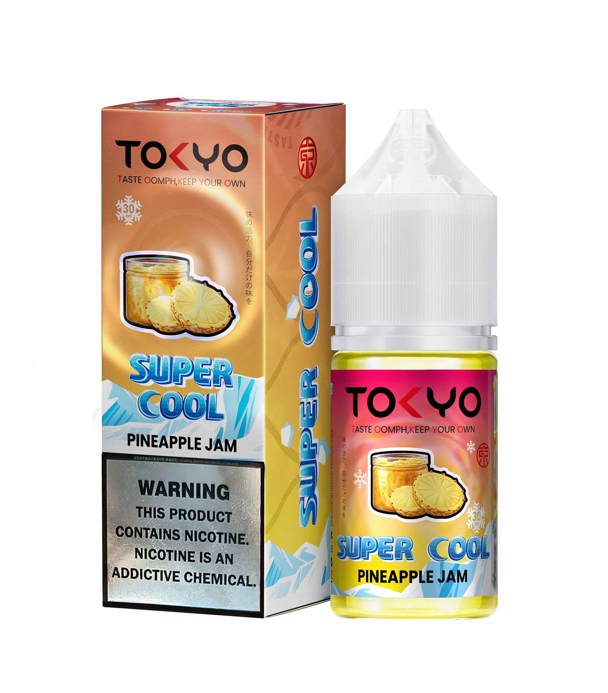 TOKYO Super Cool Pineapple Jam Salt E-Liquid 30ml bottle with vibrant label, featuring tropical pineapple imagery and salt nicotine branding.