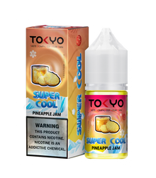 TOKYO E-JUICE Super Cool Pineapple Jam 30ml salt e-liquid bottle, vibrant label with tropical pineapple design.