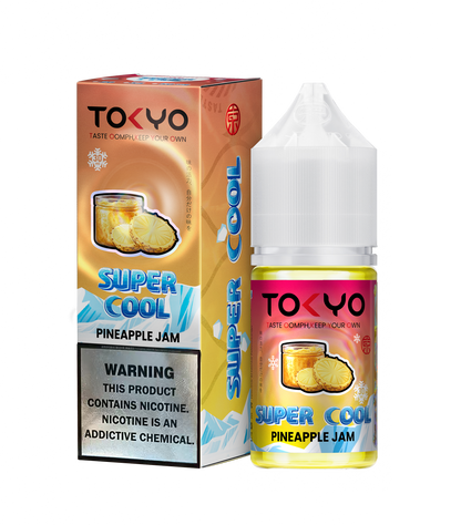 TOKYO E-JUICE Super Cool Pineapple Jam 30ml salt e-liquid bottle, vibrant label with tropical pineapple design.