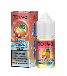 TOKYO Super Cool Pineapple Lychee salt e-liquid bottle by TOKYO E-JUICE, 30ml, with vibrant pineapple and lychee flavor.