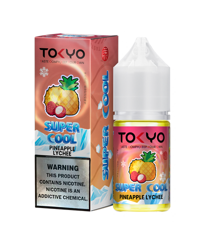 TOKYO Super Cool Pineapple Lychee salt e-liquid bottle by TOKYO E-JUICE, 30ml, with vibrant pineapple and lychee flavor.