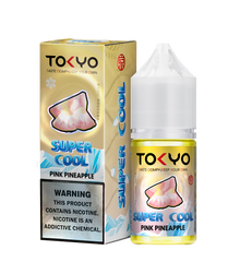 TOKYO E-JUICE Super Cool Pink Pineapple 30ml salt e-liquid bottle with vibrant pink pineapple label and colorful design