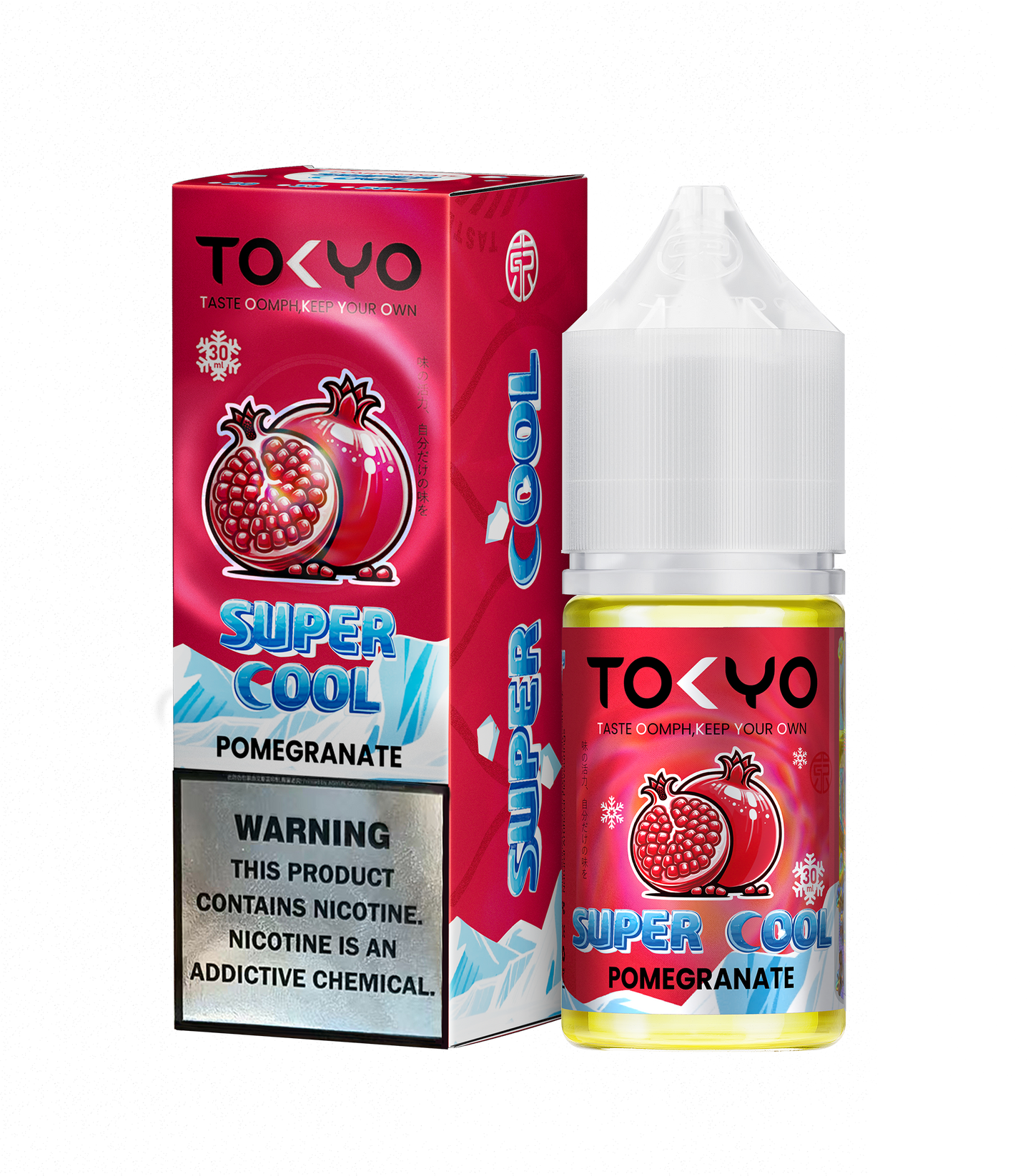 TOKYO Super Cool Pomegranate 30ml salt e-liquid bottle with label featuring pomegranate graphics and salt nicotine indication.